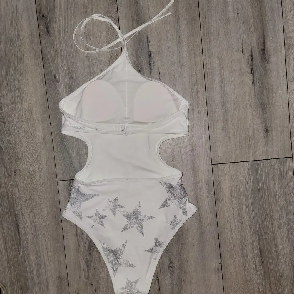 Aerie Women's Winter White Low Back Star Print High Leg Halter Swimsuit …